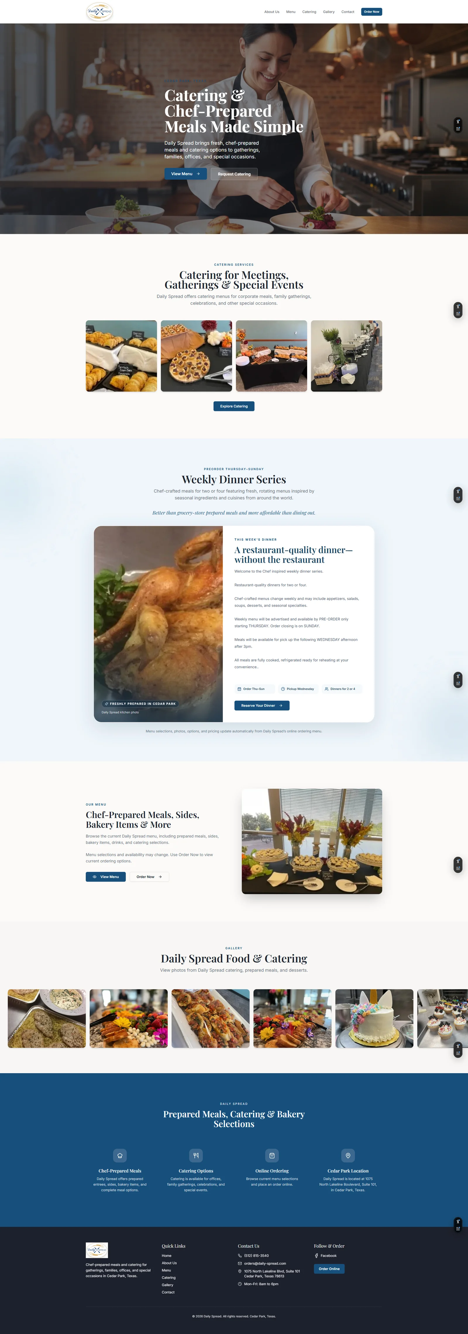 Daily Spread redesigned homepage featuring catering, weekly dinners, and food photography