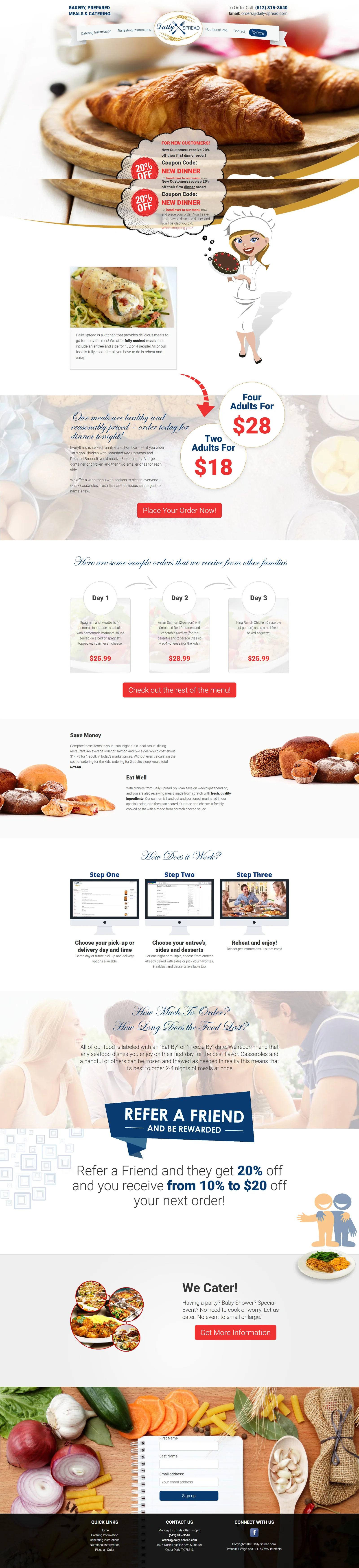 Daily Spread original homepage with meal promotions and ordering information