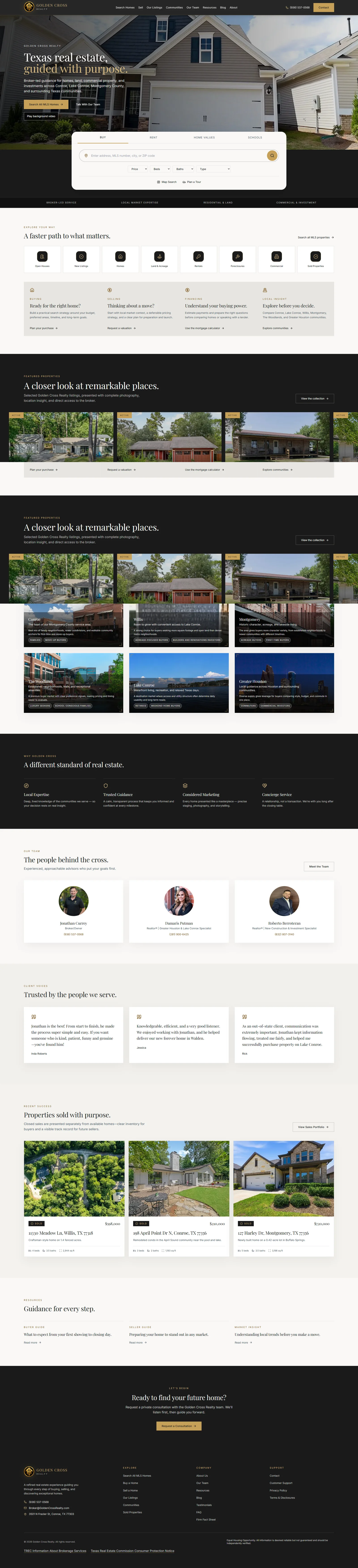 Golden Cross Realty redesigned homepage with prominent property search, communities, and team profiles